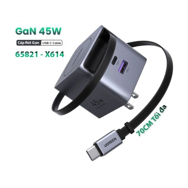 cu-sac-nhanh-type-c-usb-a-gan-45w-ugreen-65821-x614-tich-hop-day-rut-usb-c-dai-70cm